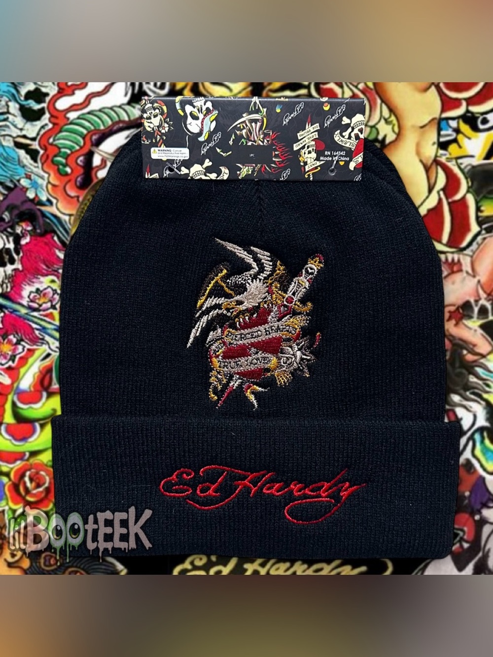 Ed Hardy Set of 2 Black Beanies Embroidered 'Pierced Hearts True Love' Eagle Y2K